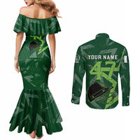Pakistan Cricket Couples Matching Mermaid Dress and Long Sleeve Button Shirt Sporty Style with Flag Stars & Player Illustration