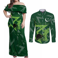Pakistan Cricket Couples Matching Off Shoulder Maxi Dress and Long Sleeve Button Shirt Sporty Style with Flag Stars & Player Illustration
