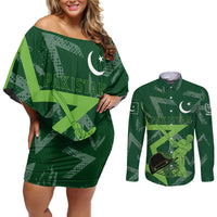 Pakistan Cricket Couples Matching Off Shoulder Short Dress and Long Sleeve Button Shirt Sporty Style with Flag Stars & Player Illustration