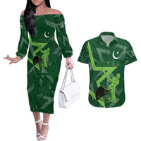 Pakistan Cricket Couples Matching Off The Shoulder Long Sleeve Dress and Hawaiian Shirt Sporty Style with Flag Stars & Player Illustration