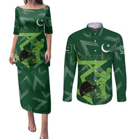 Pakistan Cricket Couples Matching Puletasi and Long Sleeve Button Shirt Sporty Style with Flag Stars & Player Illustration