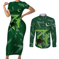 Pakistan Cricket Couples Matching Short Sleeve Bodycon Dress and Long Sleeve Button Shirt Sporty Style with Flag Stars & Player Illustration