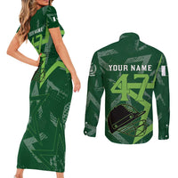 Pakistan Cricket Couples Matching Short Sleeve Bodycon Dress and Long Sleeve Button Shirt Sporty Style with Flag Stars & Player Illustration