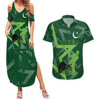 Pakistan Cricket Couples Matching Summer Maxi Dress and Hawaiian Shirt Sporty Style with Flag Stars & Player Illustration