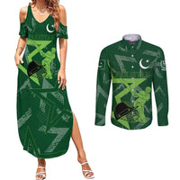 Pakistan Cricket Couples Matching Summer Maxi Dress and Long Sleeve Button Shirt Sporty Style with Flag Stars & Player Illustration