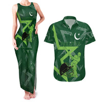 Pakistan Cricket Couples Matching Tank Maxi Dress and Hawaiian Shirt Sporty Style with Flag Stars & Player Illustration