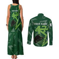 Pakistan Cricket Couples Matching Tank Maxi Dress and Long Sleeve Button Shirt Sporty Style with Flag Stars & Player Illustration