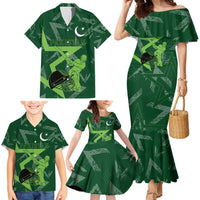 Pakistan Cricket Family Matching Mermaid Dress and Hawaiian Shirt Sporty Style with Flag Stars & Player Illustration