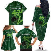 Pakistan Cricket Family Matching Off The Shoulder Long Sleeve Dress and Hawaiian Shirt Sporty Style with Flag Stars & Player Illustration