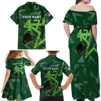 Pakistan Cricket Family Matching Off Shoulder Maxi Dress and Hawaiian Shirt Sporty Style with Flag Stars & Player Illustration