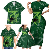 Pakistan Cricket Family Matching Short Sleeve Bodycon Dress and Hawaiian Shirt Sporty Style with Flag Stars & Player Illustration