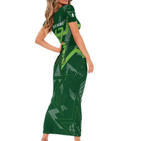 Pakistan Cricket Family Matching Short Sleeve Bodycon Dress and Hawaiian Shirt Sporty Style with Flag Stars & Player Illustration