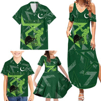 Pakistan Cricket Family Matching Summer Maxi Dress and Hawaiian Shirt Sporty Style with Flag Stars & Player Illustration