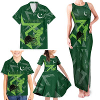 Pakistan Cricket Family Matching Tank Maxi Dress and Hawaiian Shirt Sporty Style with Flag Stars & Player Illustration