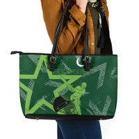 Pakistan Cricket Leather Tote Bag Sporty Style with Flag Stars & Player Illustration
