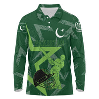 Pakistan Cricket Long Sleeve Polo Shirt Sporty Style with Flag Stars & Player Illustration