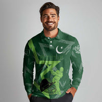 Pakistan Cricket Long Sleeve Polo Shirt Sporty Style with Flag Stars & Player Illustration