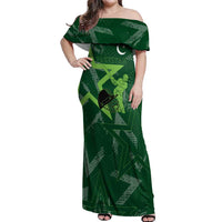 Pakistan Cricket Off Shoulder Maxi Dress Sporty Style with Flag Stars & Player Illustration