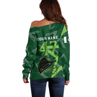 Pakistan Cricket Off Shoulder Sweater Sporty Style with Flag Stars & Player Illustration