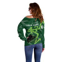 Pakistan Cricket Off Shoulder Sweater Sporty Style with Flag Stars & Player Illustration