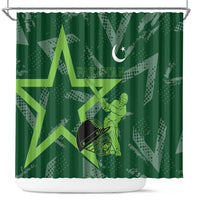 Pakistan Cricket Shower Curtain Sporty Style with Flag Stars & Player Illustration