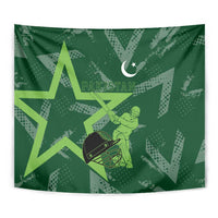 Pakistan Cricket Tapestry Sporty Style with Flag Stars & Player Illustration