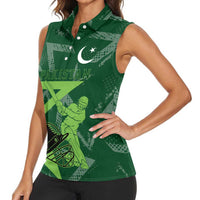 Pakistan Cricket Women Sleeveless Polo Shirt Sporty Style with Flag Stars & Player Illustration