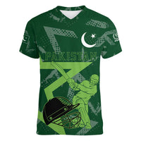 Pakistan Cricket Women V-Neck T-Shirt Sporty Style with Flag Stars & Player Illustration