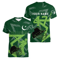 Pakistan Cricket Women V-Neck T-Shirt Sporty Style with Flag Stars & Player Illustration