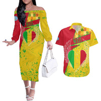 Mali Map Couples Matching Off The Shoulder Long Sleeve Dress and Hawaiian Shirt Heart-Inspired Design with National Flag Colors