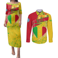 Mali Map Couples Matching Puletasi and Long Sleeve Button Shirt Heart-Inspired Design with National Flag Colors