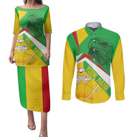Mali Vulture Couples Matching Puletasi and Long Sleeve Button Shirt National Emblem Details & Traditional Patterns