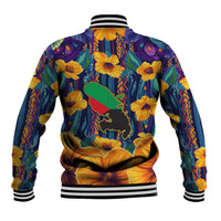 Martinique Map and Hibiscus Baseball Jacket Island Silhouette with Tribal Stripe Accents