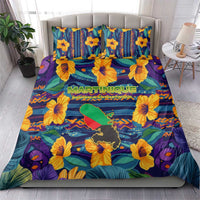 Martinique Map and Hibiscus Bedding Set Island Silhouette with Tribal Stripe Accents
