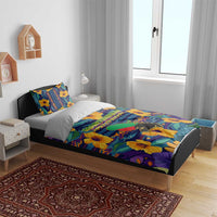 Martinique Map and Hibiscus Bedding Set Island Silhouette with Tribal Stripe Accents
