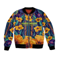 Martinique Map and Hibiscus Bomber Jacket Island Silhouette with Tribal Stripe Accents