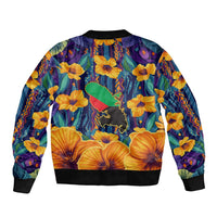 Martinique Map and Hibiscus Bomber Jacket Island Silhouette with Tribal Stripe Accents