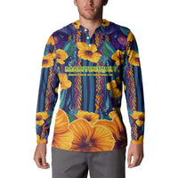 Martinique Map and Hibiscus Button Sweatshirt Island Silhouette with Tribal Stripe Accents