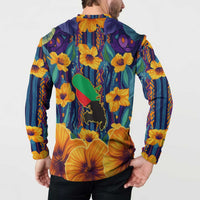 Martinique Map and Hibiscus Button Sweatshirt Island Silhouette with Tribal Stripe Accents
