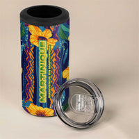 Martinique Map and Hibiscus 4 in 1 Can Cooler Tumbler Island Silhouette with Tribal Stripe Accents