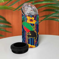Martinique Map and Hibiscus 4 in 1 Can Cooler Tumbler Island Silhouette with Tribal Stripe Accents