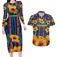 Martinique Map and Hibiscus Couples Matching Long Sleeve Bodycon Dress and Hawaiian Shirt Island Silhouette with Tribal Stripe Accents