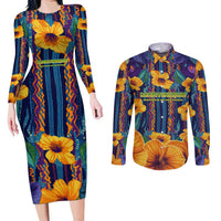 Martinique Map and Hibiscus Couples Matching Long Sleeve Bodycon Dress and Long Sleeve Button Shirt Island Silhouette with Tribal Stripe Accents