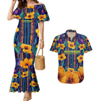 Martinique Map and Hibiscus Couples Matching Mermaid Dress and Hawaiian Shirt Island Silhouette with Tribal Stripe Accents