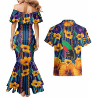 Martinique Map and Hibiscus Couples Matching Mermaid Dress and Hawaiian Shirt Island Silhouette with Tribal Stripe Accents