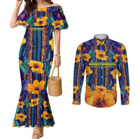 Martinique Map and Hibiscus Couples Matching Mermaid Dress and Long Sleeve Button Shirt Island Silhouette with Tribal Stripe Accents