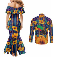 Martinique Map and Hibiscus Couples Matching Mermaid Dress and Long Sleeve Button Shirt Island Silhouette with Tribal Stripe Accents