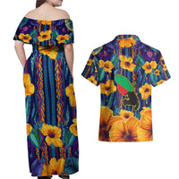 Martinique Map and Hibiscus Couples Matching Off Shoulder Maxi Dress and Hawaiian Shirt Island Silhouette with Tribal Stripe Accents