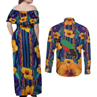 Martinique Map and Hibiscus Couples Matching Off Shoulder Maxi Dress and Long Sleeve Button Shirt Island Silhouette with Tribal Stripe Accents