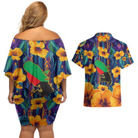 Martinique Map and Hibiscus Couples Matching Off Shoulder Short Dress and Hawaiian Shirt Island Silhouette with Tribal Stripe Accents